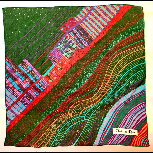 CHRISTIAN DIOR Vintage Graphic Green Purple Red Cotton Scarf 26” - Picture 2 of 6